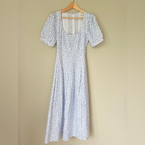 NEW Reformation Coucou Midi Linen Dress Hanna White Blue Floral | US 4 UK 8 - Picture 9 of 16